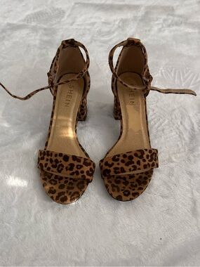 SHEIN Leopard-Print Ankle Tie Block Heel Sandals